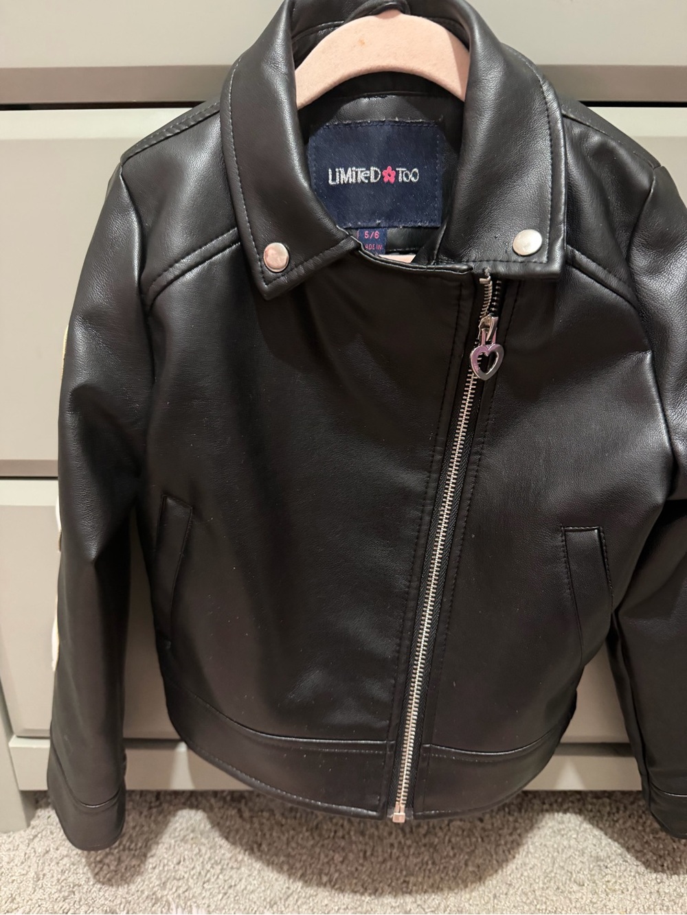 Limited Too Black Faux Leather Girls' Moto Jacket with Heart Zipper